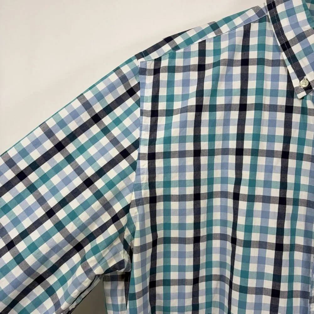 J.Crew Button Down Shirt Mens Large Blue Teal Black Gingham Check Long Sleeve